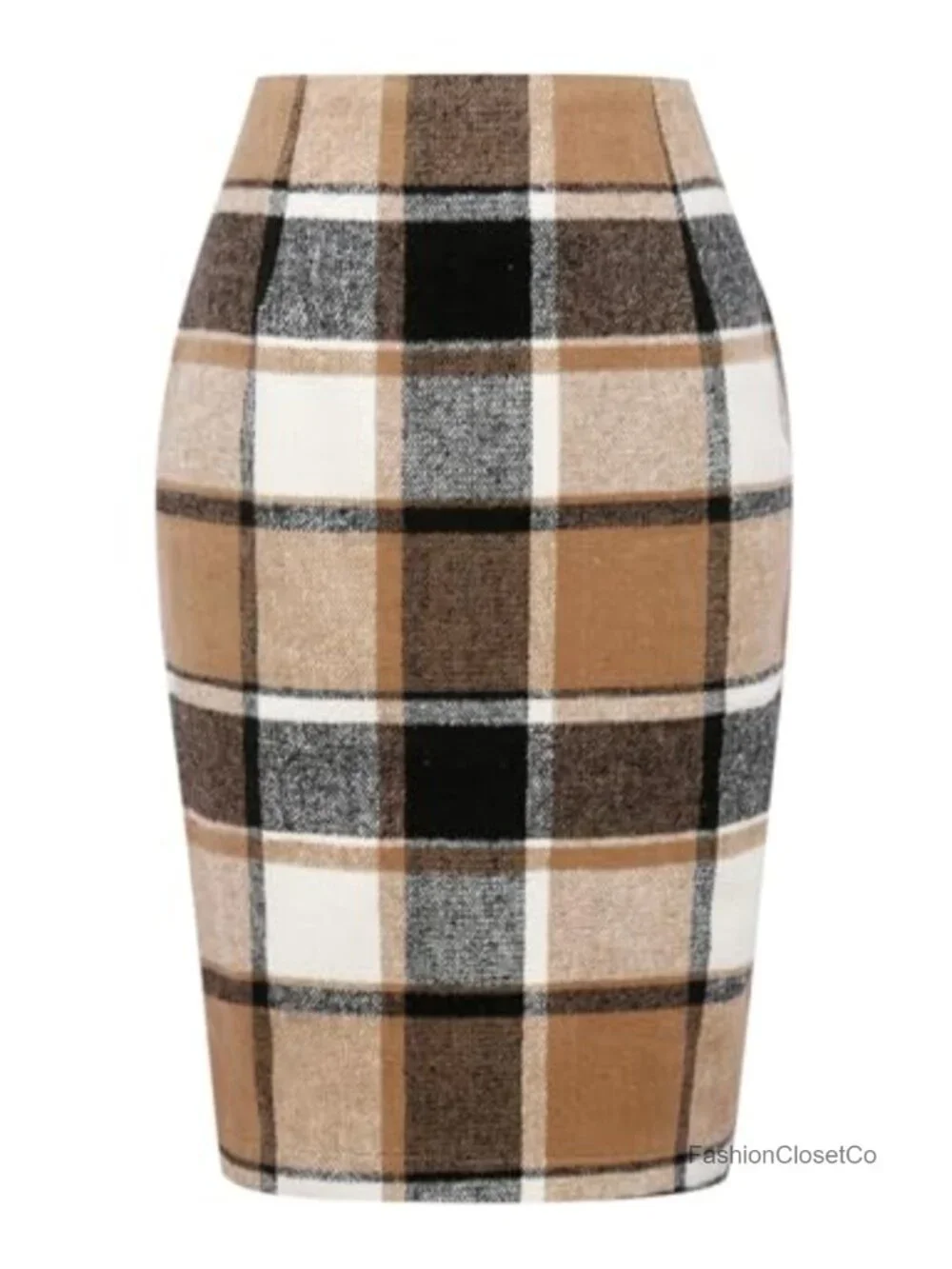Women Wool Plaid High Waist Pencil Midi Skirt with Back Split